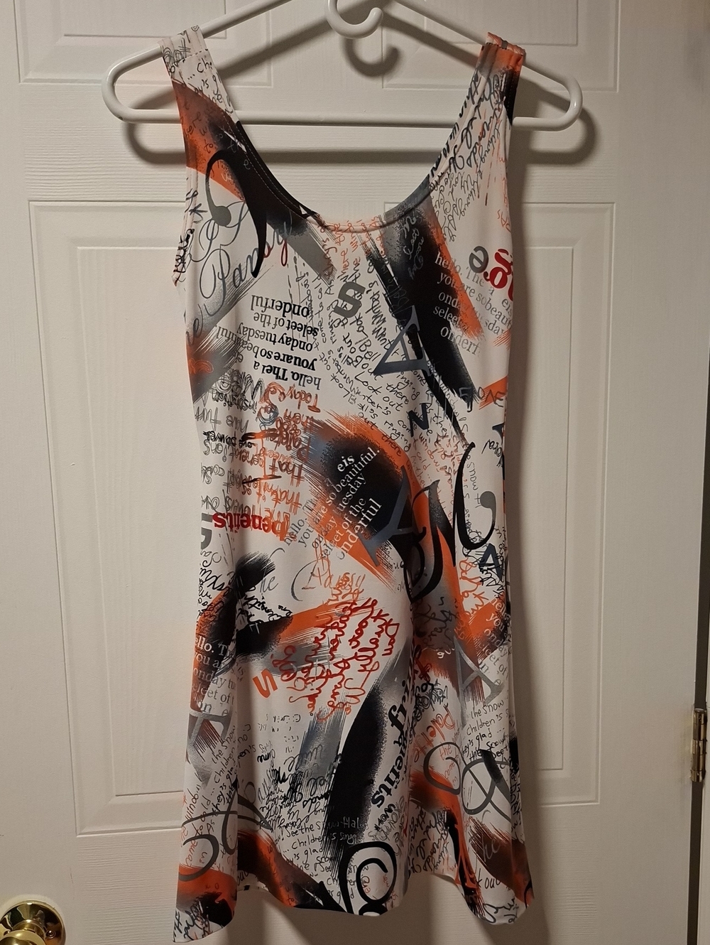 Abstract Script Print Sleeveless Dress in White, Black & Orange